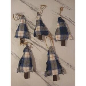Christmas Ornament  Primitive Handmade Gift Country Cottage Plaid Tree- Set of 5